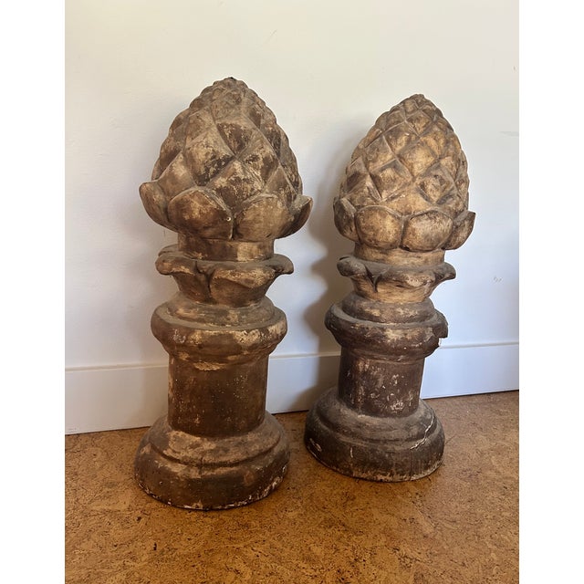 Brown Vintage Pair of Carved Garden Acorns on Pedestal For Sale - Image 8 of 14