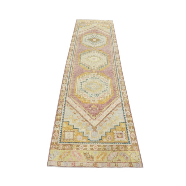 Green Turkish Oushak Rug Green Cream Pink Handwoven Wool Runner 2'10" X 10'5" For Sale - Image 8 of 8