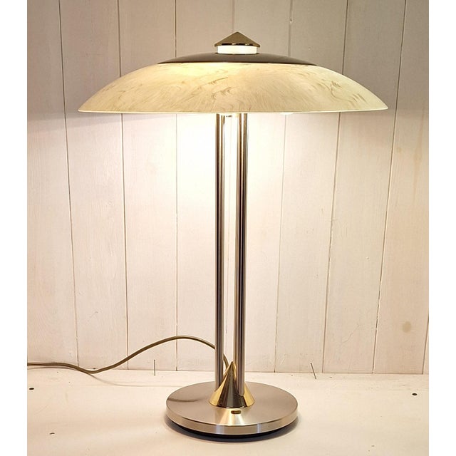 Goldenrod Vintage Table Lamp in Bicolor Metal, Brass and Stainless Steel with White Marbled Glass Shade from Hustadt-Leuchten, 1980s For Sale - Image 8 of 8