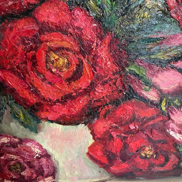 Vintage Signed Ann Campbell Floral Still Life Oil Painting Red Roses in Ornate Frame For Sale - Image 4 of 10