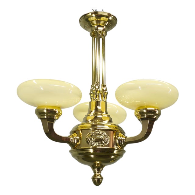 Neoclassical Art Deco Brass Chandelier, Czechoslovakia, 1930s For Sale