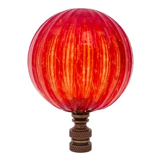 Ribbed Optic Glass Lamp Finial in Fiery Red on Bronze Hardware For Sale