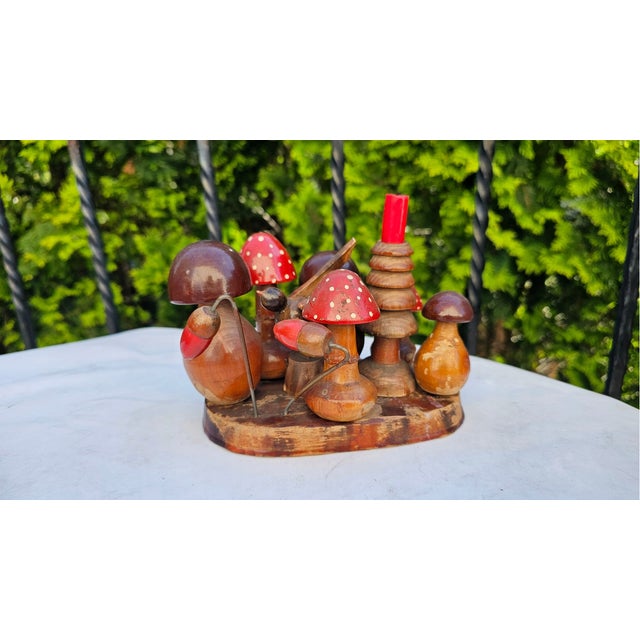 Wooden forest-themed candle holder with a bird and mushrooms, vintage 1970s., dimensions: height 10 cm, width 17.5 cm,...