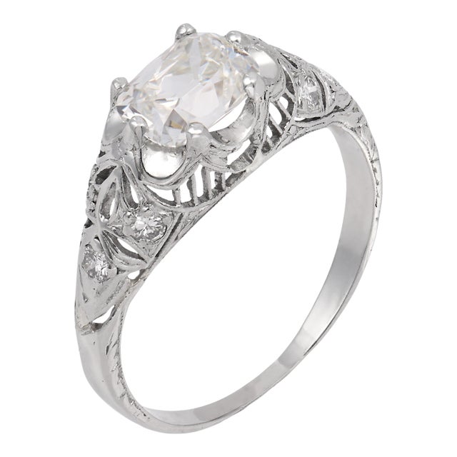 1930s Art Deco Gia 1.03 Carat Old Mine Cut Diamond Platinum Engagement Ring, Size 6.75 For Sale