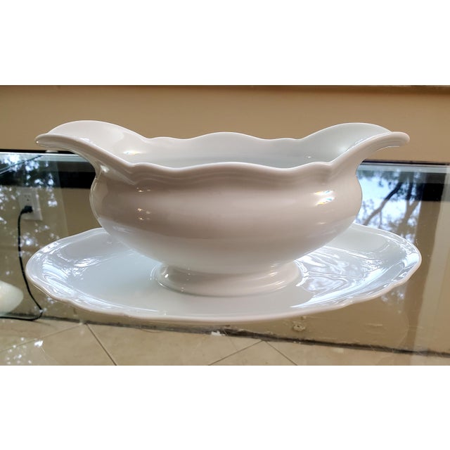 1925-1939 Hutschenreuther Selb Lhs Bavaria Germany Rare Favorit Pattern White Porcelain Gravy Boat With Attached Underplate Dish For Sale - Image 10 of 10