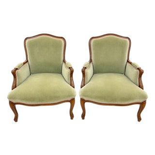 Pair of Green Velvet Upholstered French Bergeres Armchairs For Sale