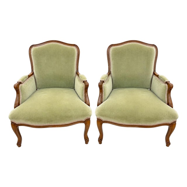 Pair of Green Velvet Upholstered French Bergeres Armchairs For Sale