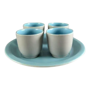 English Poole Pottery Twintone Sky Blue & Dove Grey Egg Cups With Tray - 5 Pieces