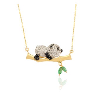 18k Gold Certified Diamond Panda Bear Pendant Necklace With Emerald For Sale