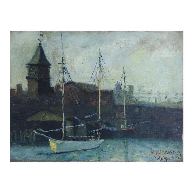 1916 City Ship Harbor With Clock Tower in Early Evening Painting For Sale