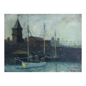 1916 City Ship Harbor With Clock Tower in Early Evening Painting