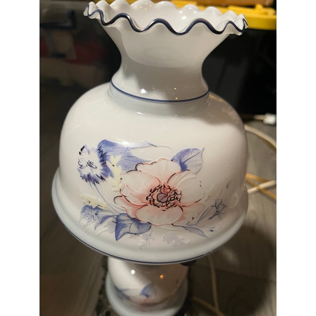 Metal Antique Milk Glass Hurricane Double-Stacked Table Lamp W/ Blue & Pink Hand Painted Florals For Sale - Image 7 of 11