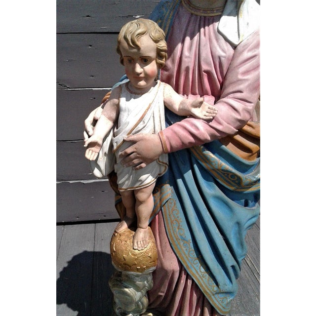 Antique 41" Haag Mary w Jesus Hand Carved Painted Wooden Statue Gold World w Stars An antique tall Mary and Jesus hand...