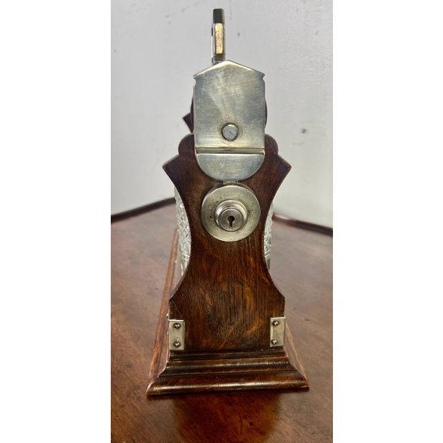 Victorian Decanter Set in Oak Caddy, Crystal & Metal, England, 19th C. For Sale - Image 11 of 17