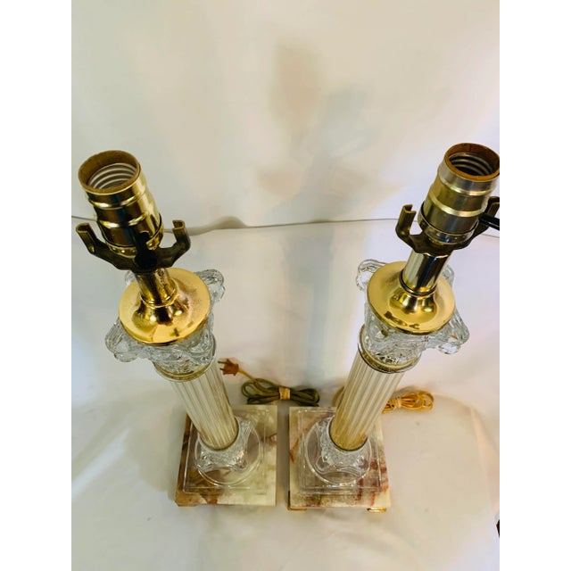 Mid 20th Century Corinthian Column-Style Marble, Glass & Brass Table Lamps - a Pair For Sale - Image 4 of 13