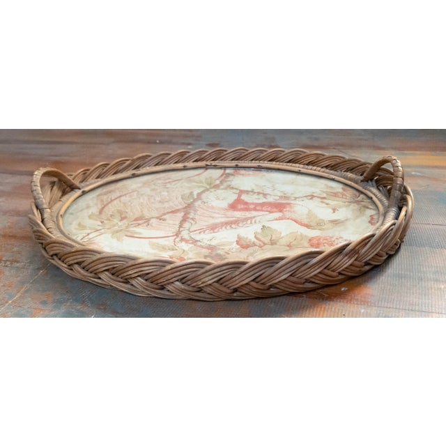 19th or 20th Century French Wicker Serving Tray With Tapestry Fragment of Bird For Sale - Image 13 of 16