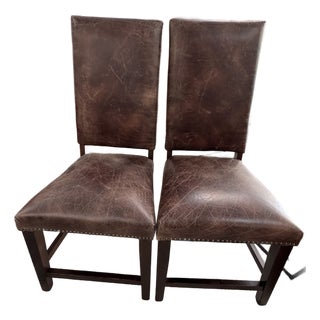 Set of 2 Leather Parson Chairs With Nailhead Trim For Sale