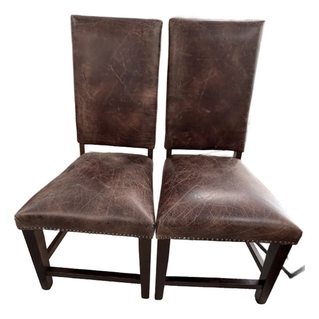 Set of 2 Leather Parson Chairs With Nailhead Trim For Sale