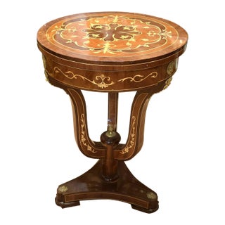 French Empire Round Accent Table – Marquetry Inlaid Center Table With Pedestal Base For Sale