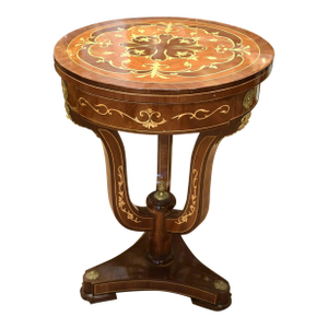 French Empire Round Accent Table – Marquetry Inlaid Center Table With Pedestal Base