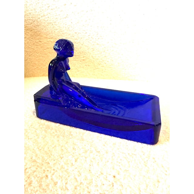 Art Deco Vintage Art Deco Nude Woman in a Pool Cobalt Blue Glass Soap, Jewelry, or Trinket Dish After Lalique Henrich Hoffmann For Sale - Image 3 of 7