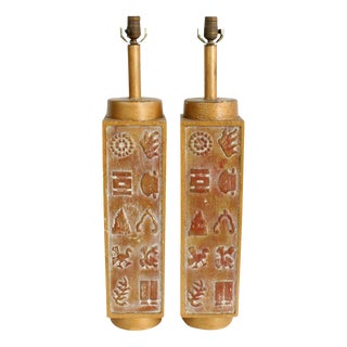 Large Mid-Century Carved Wood Table Lamps - A Pair For Sale