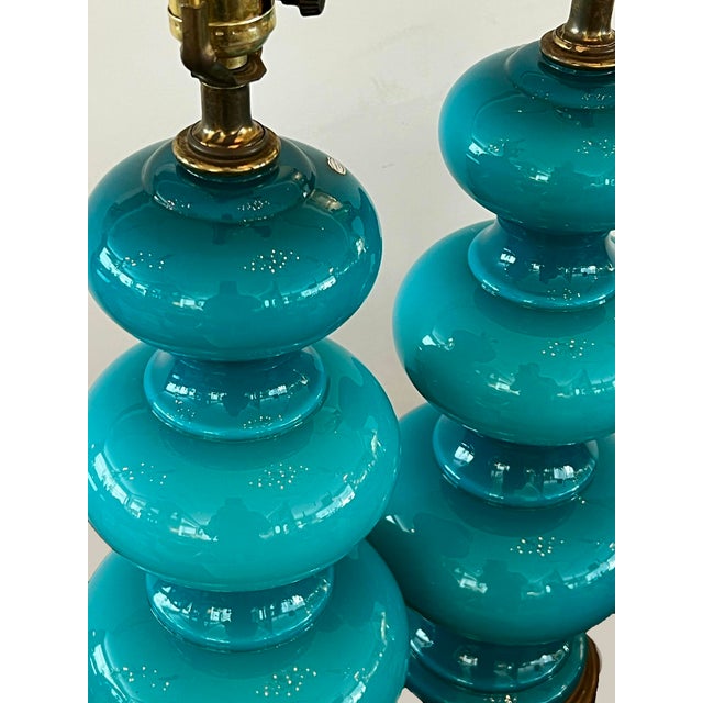 Vintage Pair Triple-Gourd Teal Cased-Glass Lamps For Sale - Image 4 of 7