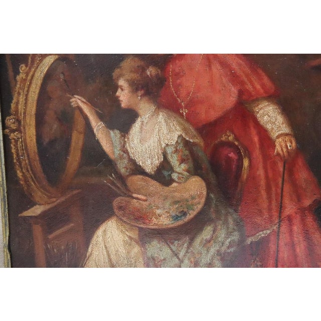 Italian School Artist, Young Woman Painter with Cardinal, Oil Painting on Cardboard, 19th Century, Framed For Sale - Image 15 of 17