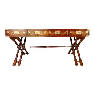 Anglo Indian Military Campaign Trestle Writing Desk With Brass Inlay For Sale