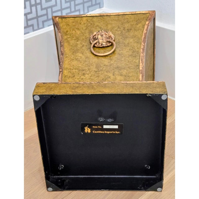 Vintage Castilian Imports Regency Tole Cachepot With Crane & Monkey Medallion, Lion Head Handles For Sale - Image 9 of 10