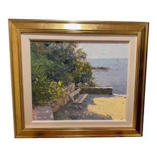 Impressionist Original Painting of a Bench by the Sea by Pierre Bittar For Sale