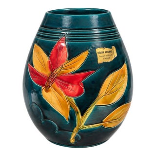Vintage French Handcrafted Ceramic Vase – Teal Glaze With Floral Decoration For Sale