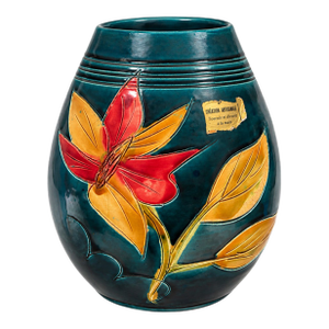 Vintage French Handcrafted Ceramic Vase – Teal Glaze With Floral Decoration