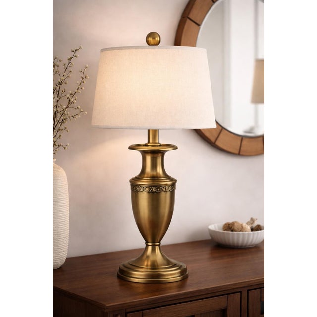 Title: Pair of Antiqued Brass-Tone Urn Table Lamps With Linen Shades – 27" Transitional Neoclassical Lighting For Sale - Image 4 of 6