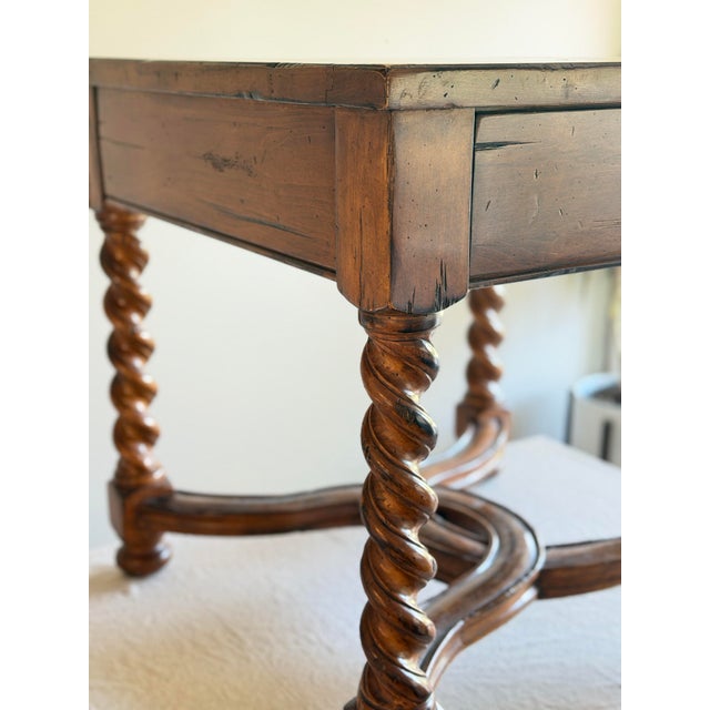 Wood French 18th C. Charles II Style Barley Twist Spanish Revival Side Table With One Drawer Solid Walnut Wood in Style of Theodore Alexander / Eddie Bauer For Sale - Image 7 of 12