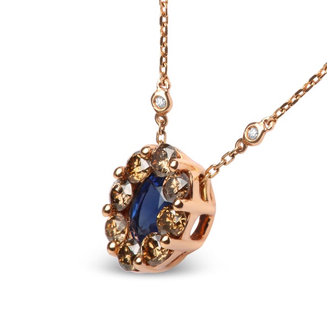 18K Rose Gold 5/8 Cttw White and Brown Diamond Accent and 7 x 4mm Oval Blue Sapphire Gemstone Statement Halo Cluster Pendant Necklace For Sale - Image 4 of 6