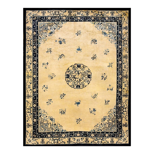 Stylish Ivory and Blue Color With Chinoiserie Design Antique Chinese Peking Rug For Sale