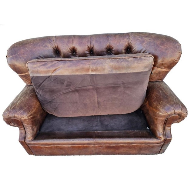 Wood 5 Foot Restoration Hardware Churchill Tufted Leather Sofa Loveseat For Sale - Image 7 of 18