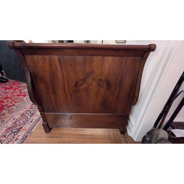 19th Century French Sleigh Bed Complete With Custom Velveteen Mattress, Back & End Pillows For Sale - Image 9 of 13
