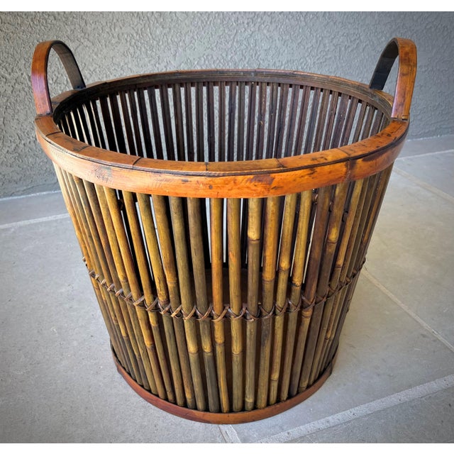 Mid 20th-Century Split Bamboo Tortoiseshell Planter Floor Basket With Ear Handles For Sale - Image 15 of 18