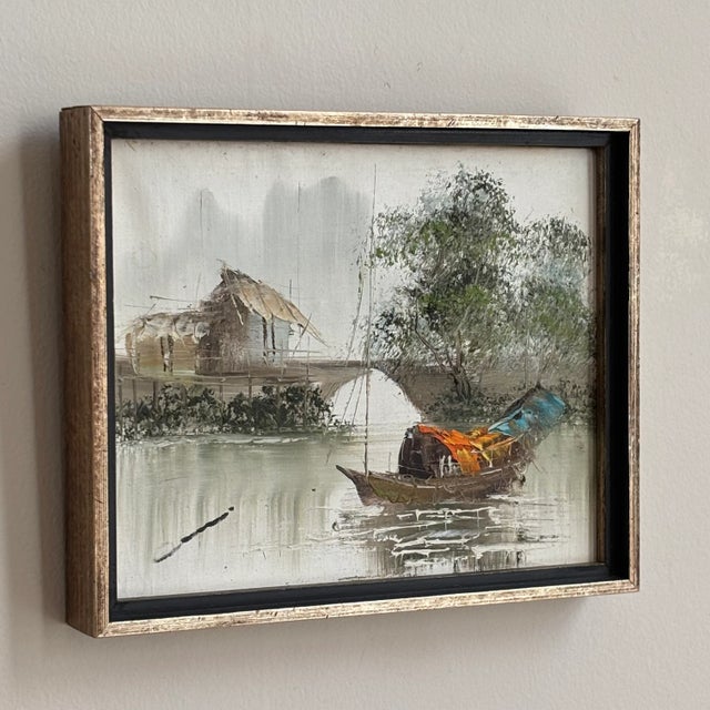 Mid-20th Century Asian Impressionist Junk Boat Oil-on-Canvas -- Framed For Sale - Image 4 of 18
