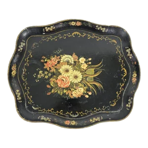 Antique Papier Maché Tray With a Floral Bouquet & Gold Accents
