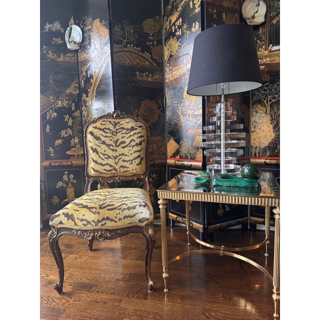 Vintage Louis XV Chair upholstered in Scalamandre Tigre. Exquisite wood carving in dark walnut frame. Excellent...