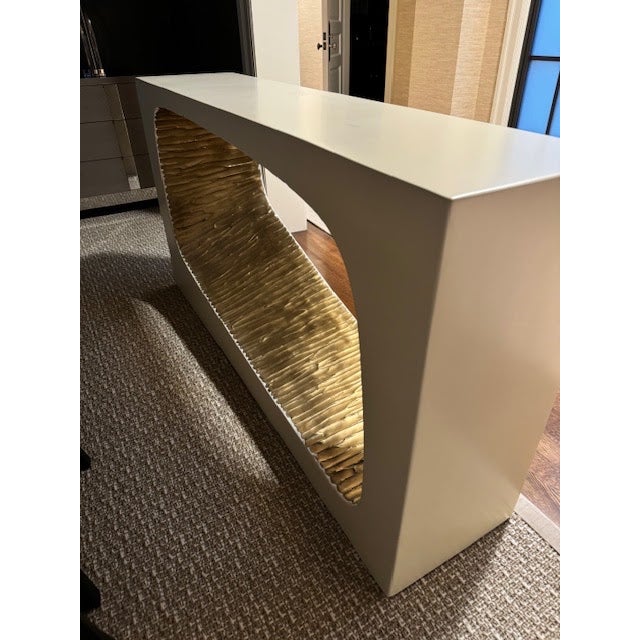 Contemporary Sculptural Ivory Lacquer Console Table With Textured Bronze Leaf Inset For Sale - Image 3 of 5