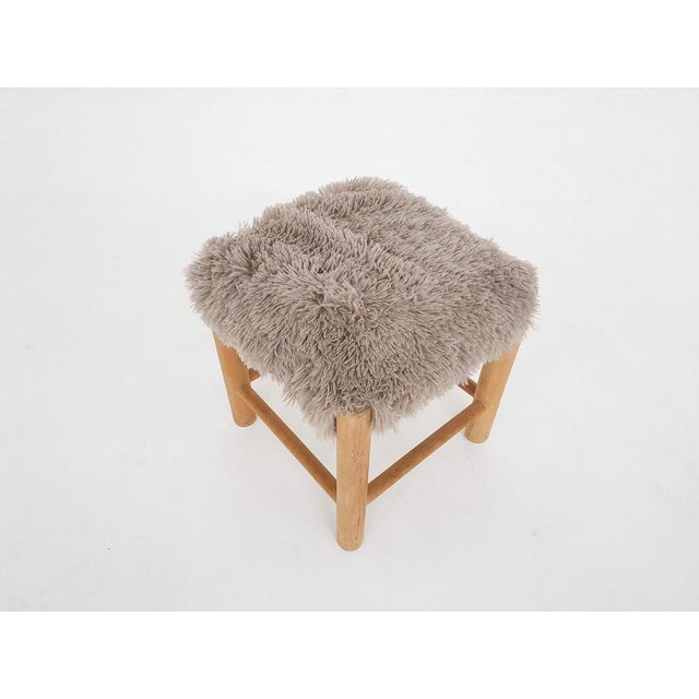 Mid-Century Wooden Stool with Fake-Fur Upholstery, Denmark, 1960s For Sale - Image 4 of 6
