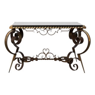 French Coffee Table in Belgian Black Marble, Gilt Bronze and Wrought Iron, 1970s For Sale