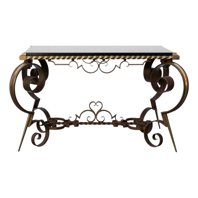 French Coffee Table in Belgian Black Marble, Gilt Bronze and Wrought Iron, 1970s For Sale