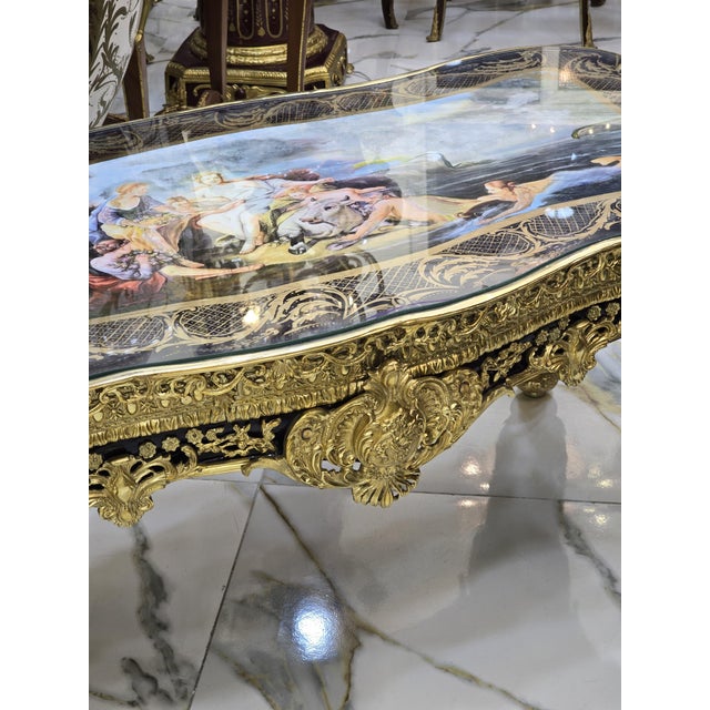 French Rococo Coffee Table With Hand-Painted Artwork Under Glass & Gilded Bronze Details For Sale - Image 9 of 11
