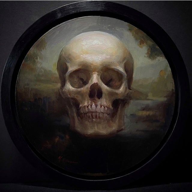 The artwork presents a hauntingly serene depiction of a skull, rendered in rich oil paint that captures subtle variations...