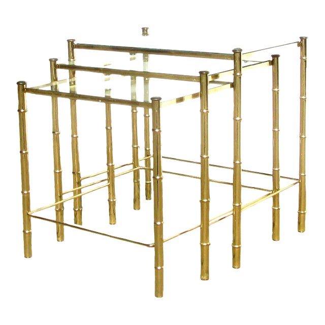 Midcentury Faux Bamboo Brass & Glass Nesting Tables, Set of 3 For Sale